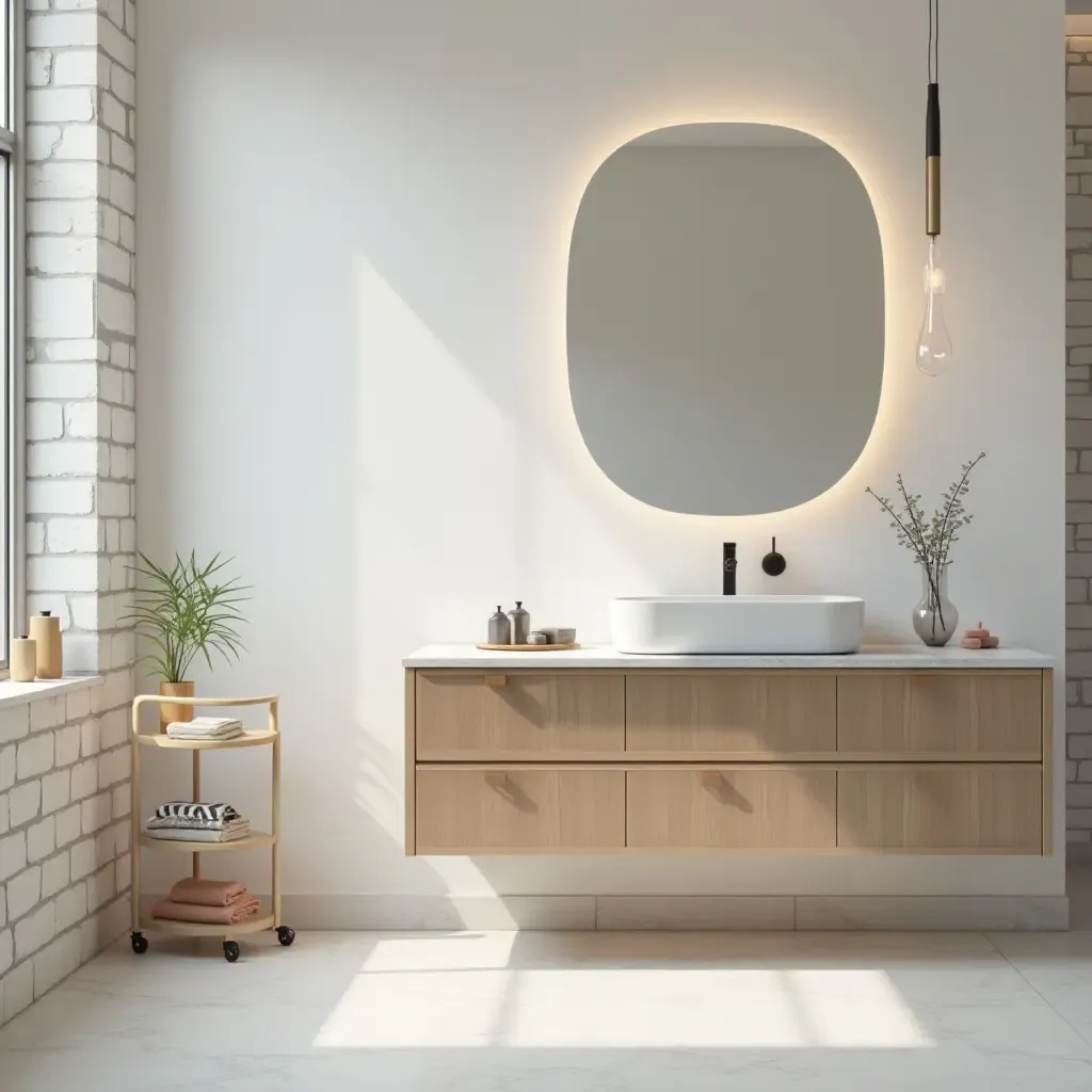 a photo of a modern bathroom with a tiered rolling cart