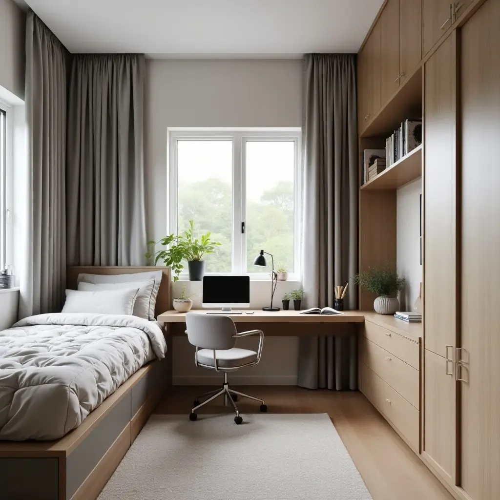 a photo of a modern teen bedroom with a sleek desk and organized study area