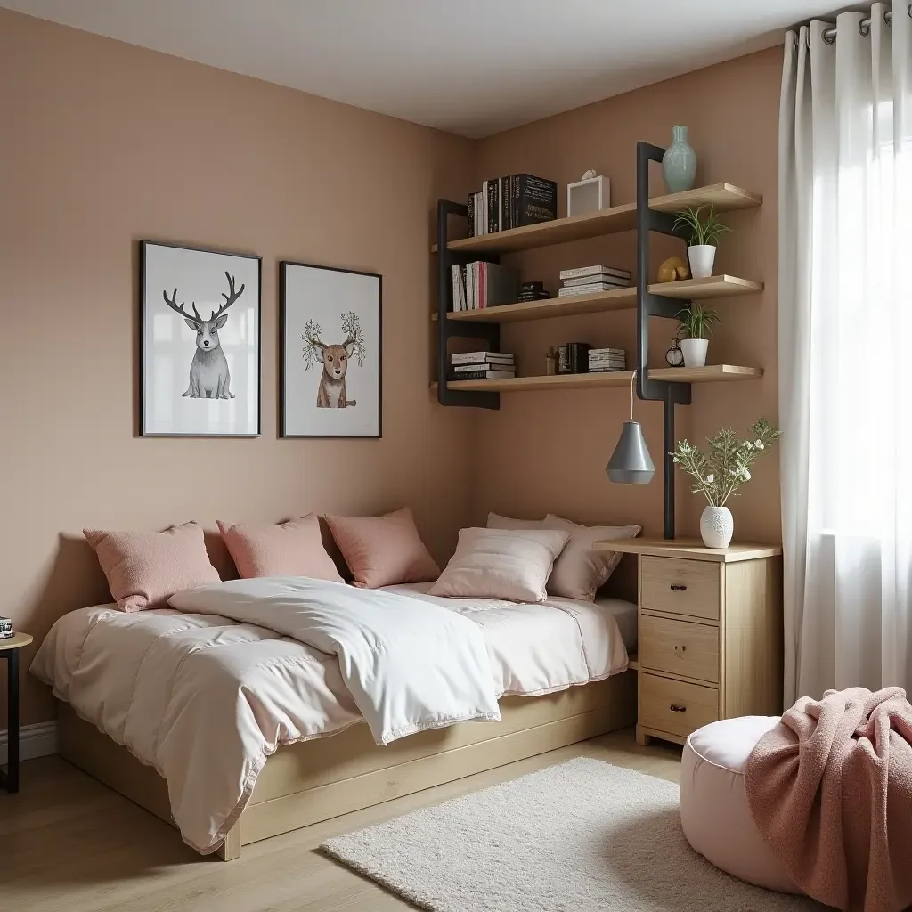 a photo of a trendy teen bedroom showcasing stylish storage solutions and decor