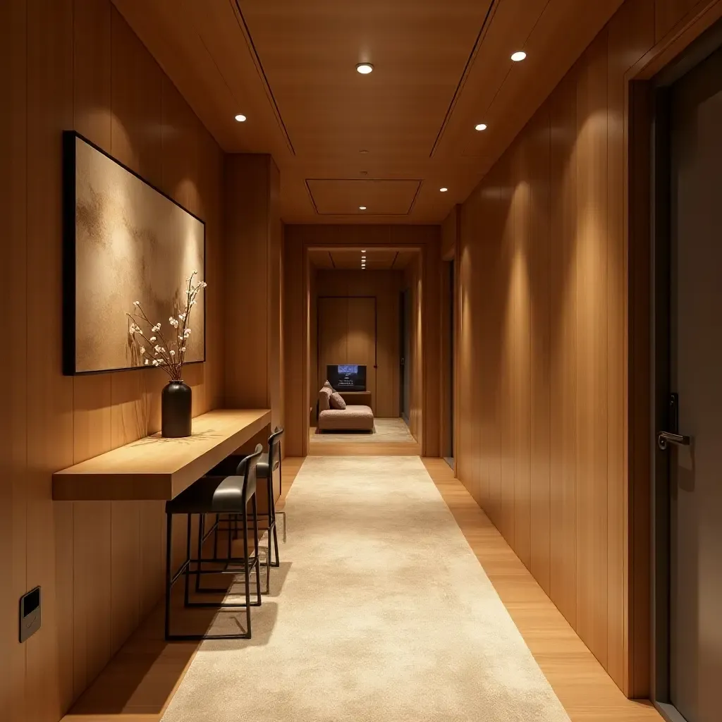 a photo of a cozy corridor with warm wood tones and inviting decor