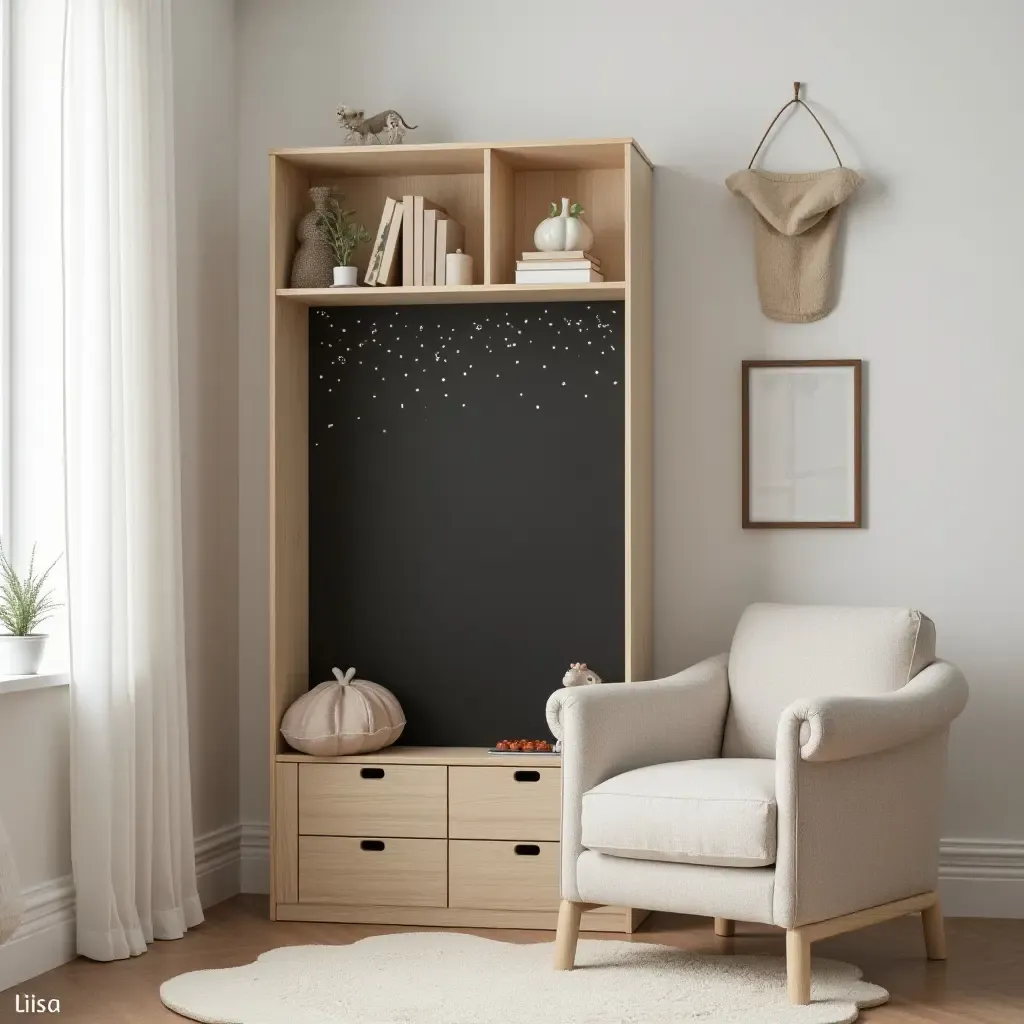 a photo of a nursery shelving unit with a chalkboard surface for creative expression