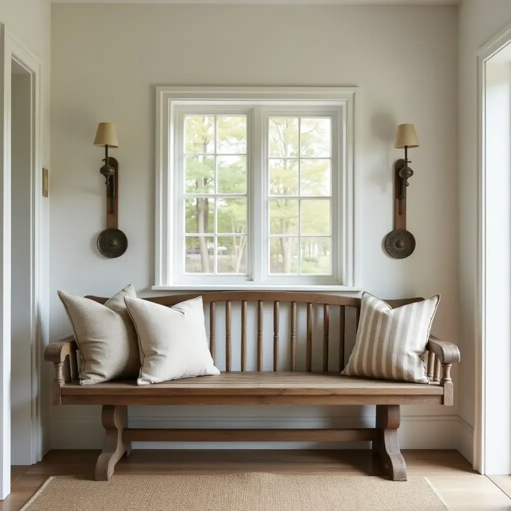 a photo of a rustic wooden bench with vintage pillows in an entrance area