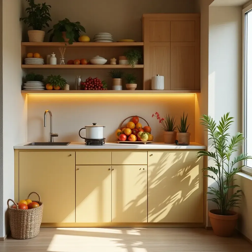 a photo of a small kitchen with a vibrant fruit display