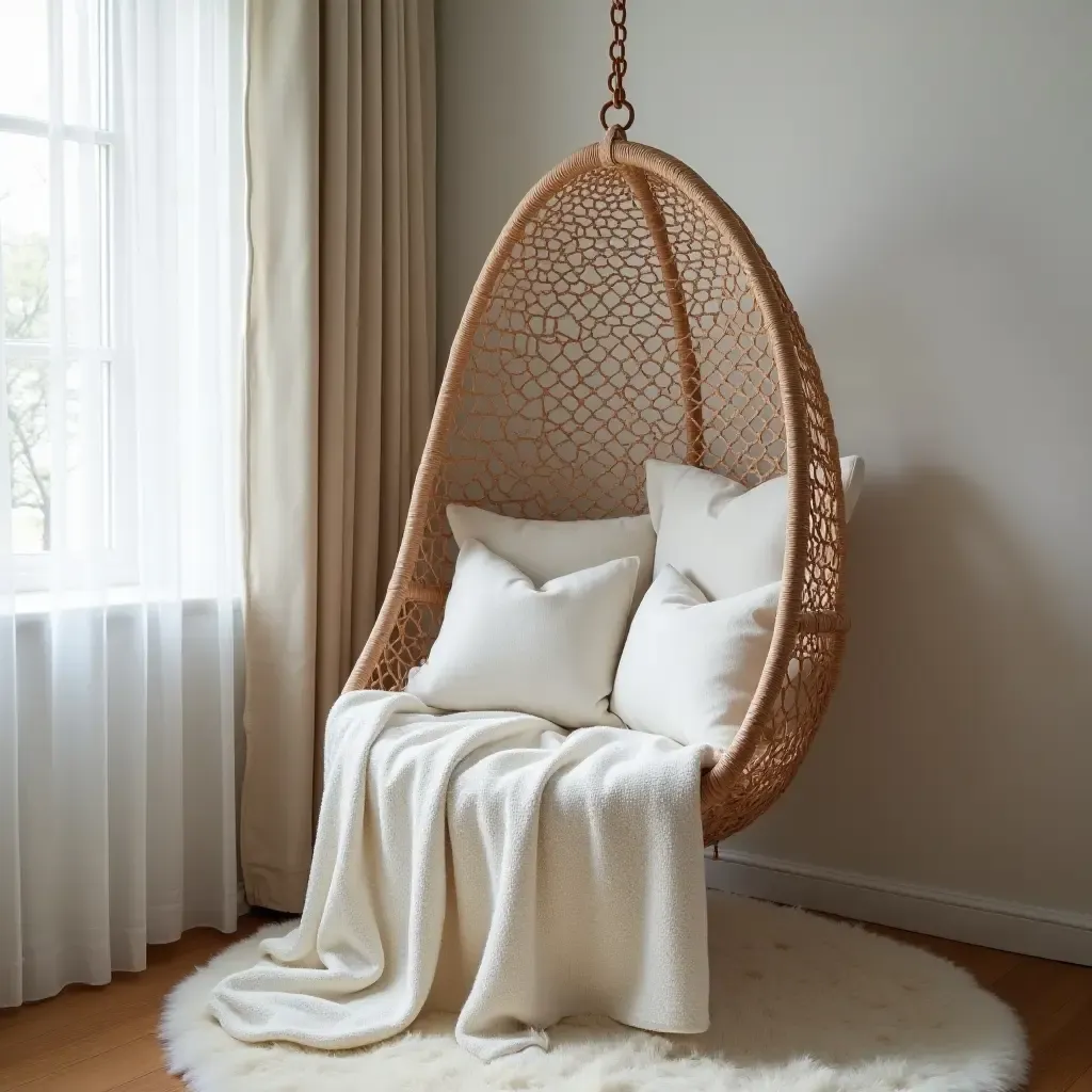 a photo of a hanging chair draped in soft blankets and pillows