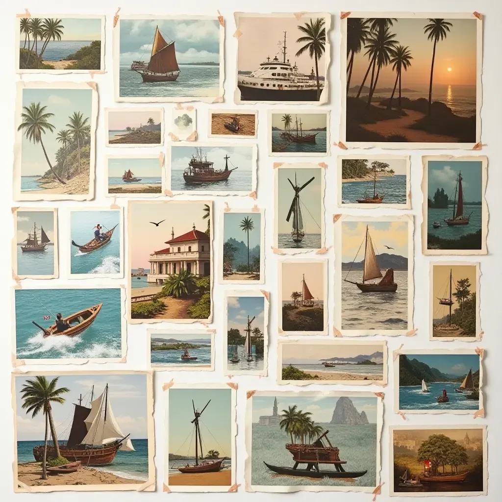 a photo of a unique collage of postcards and travel memorabilia