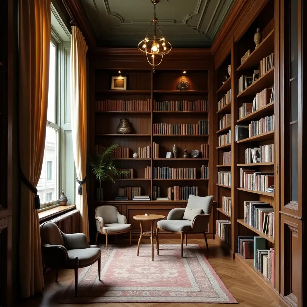 a photo of a vintage library with metal fixtures and soft fabric drapes