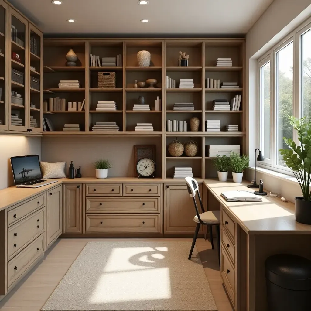 a photo of a chic basement craft room with organized supplies and stylish storage