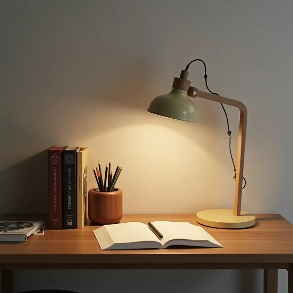 a photo of a stylish desk with a unique lamp and stylish stationery