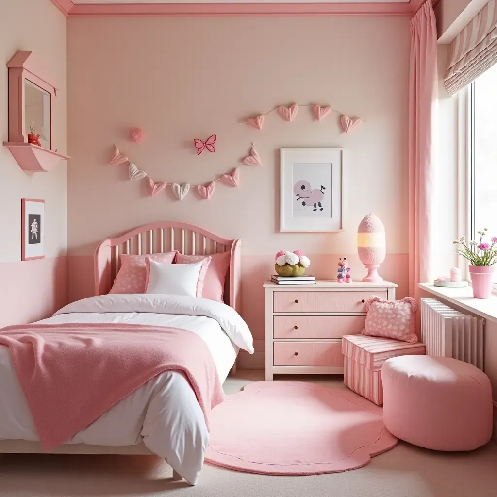 a photo of a candyland-themed bedroom with sweet colors and decor