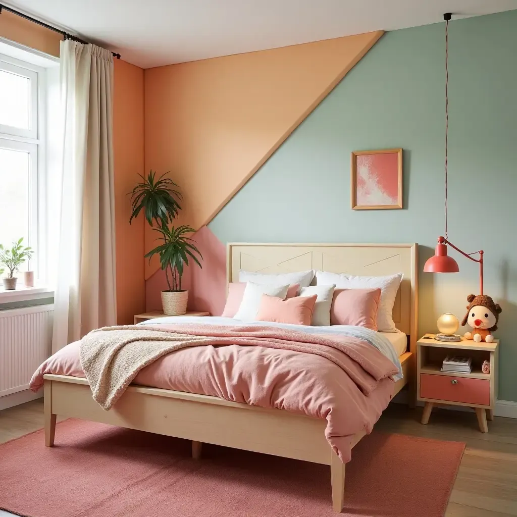 a photo of a vibrant bedroom featuring a DIY storage project