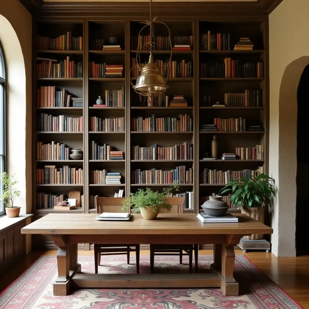 a photo of a library with a rustic wooden table and Mediterranean-inspired decor