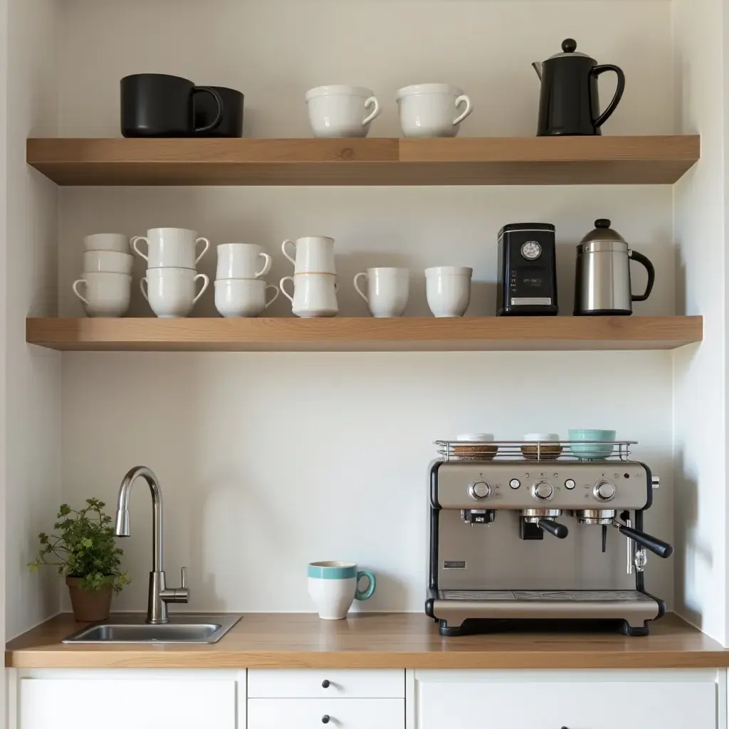 a photo of open shelving featuring a coffee bar setup with stylish mugs