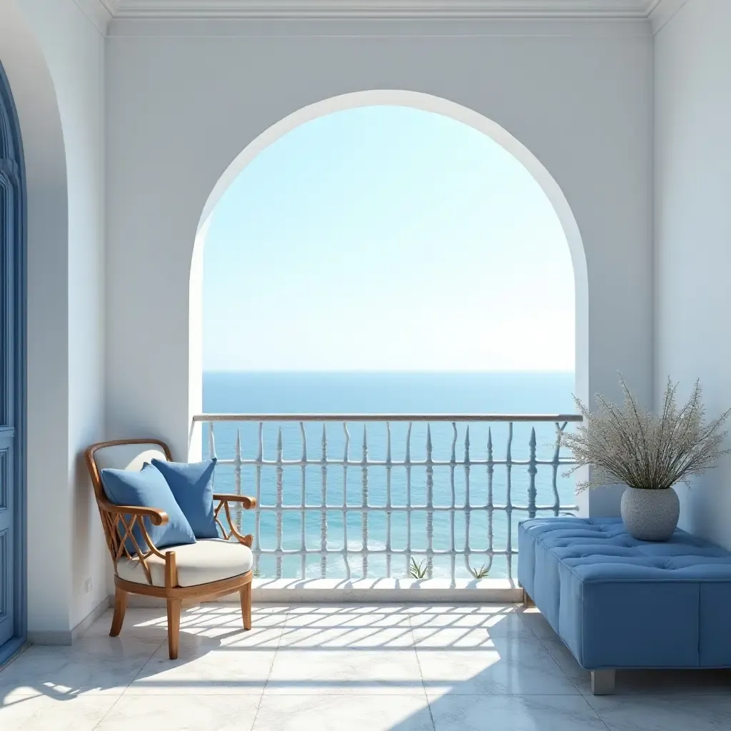 a photo of a charming balcony overlooking the sea with blue and white decor