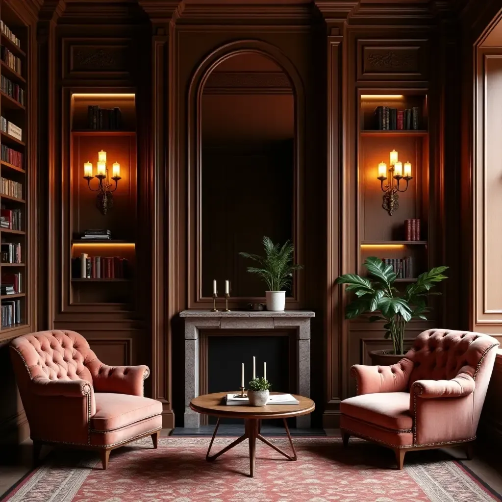 a photo of a luxurious library with plush seating and elegant wall sconces