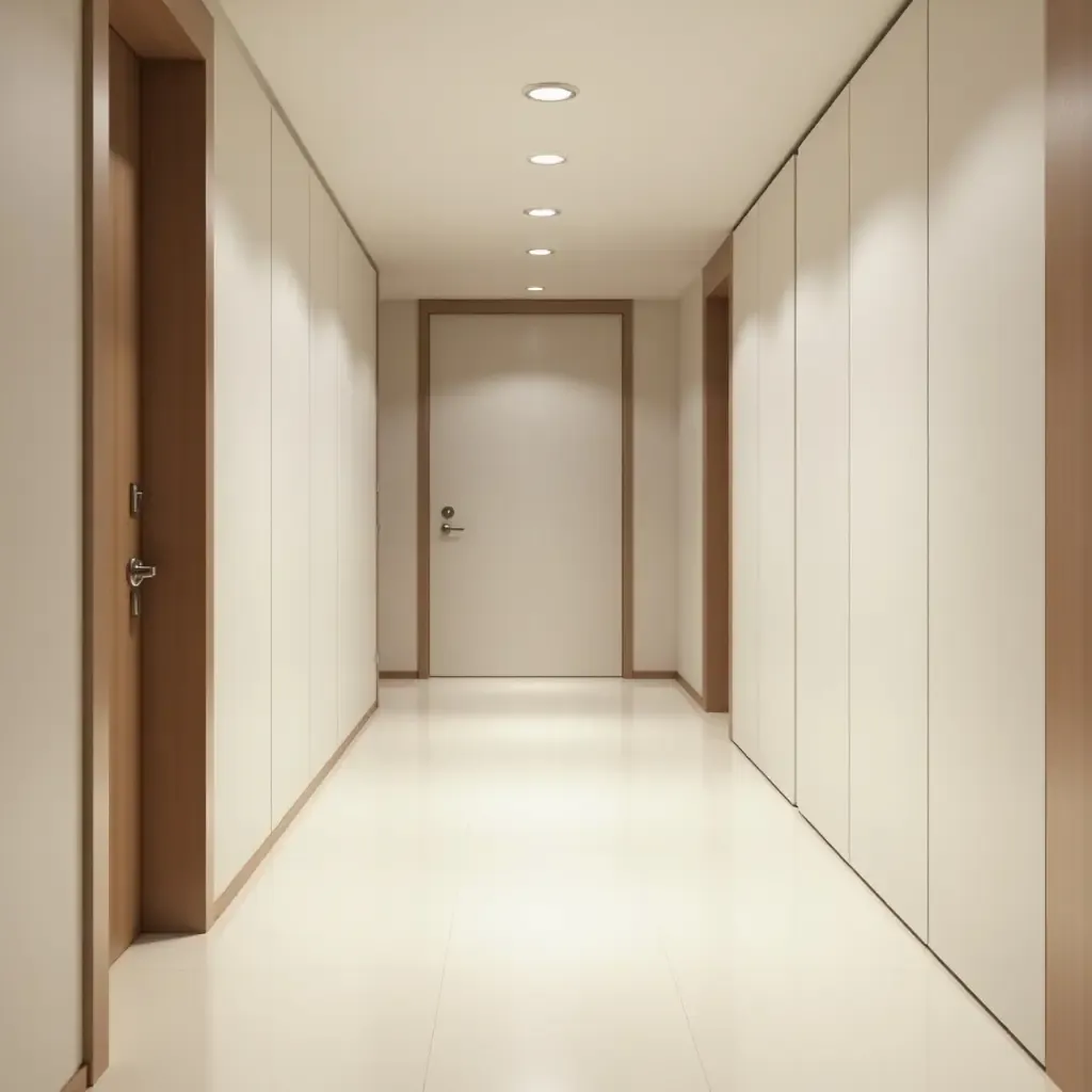 a photo of an airy hallway with soft lighting and a neutral decor theme