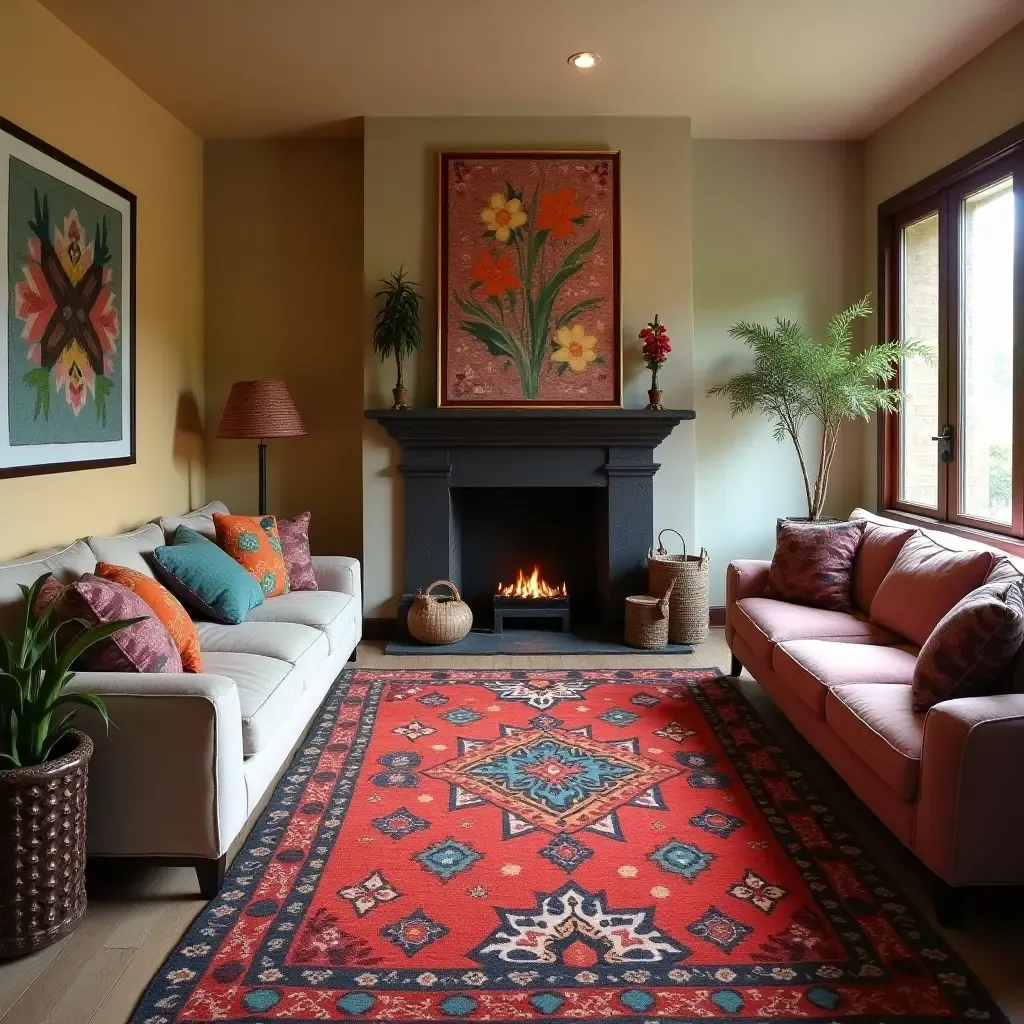 a photo of a colorful, ethnic-patterned rug in a culturally inspired basement