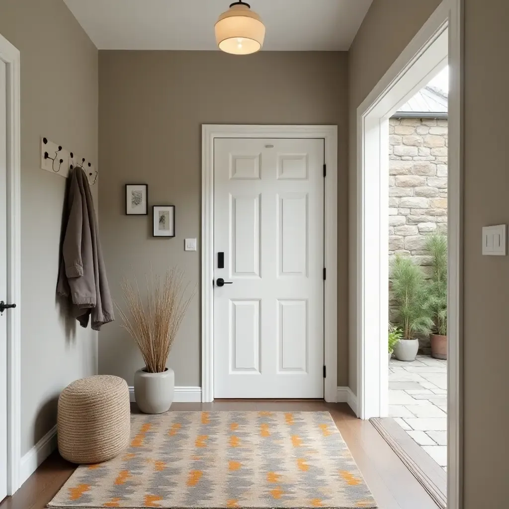 a photo of a stylish entrance featuring a patterned rug and storage