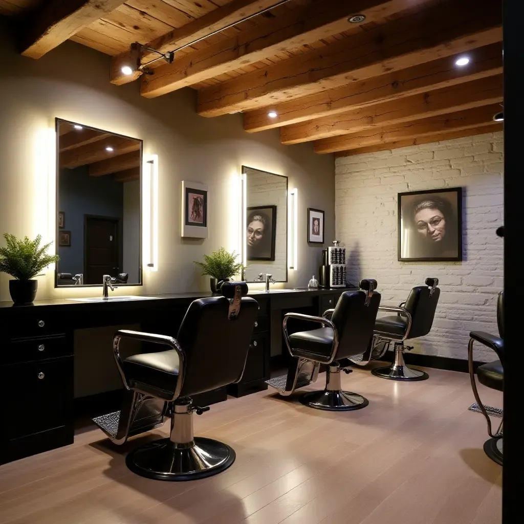 a photo of a basement barbershop setup with stylish chairs and mirrors