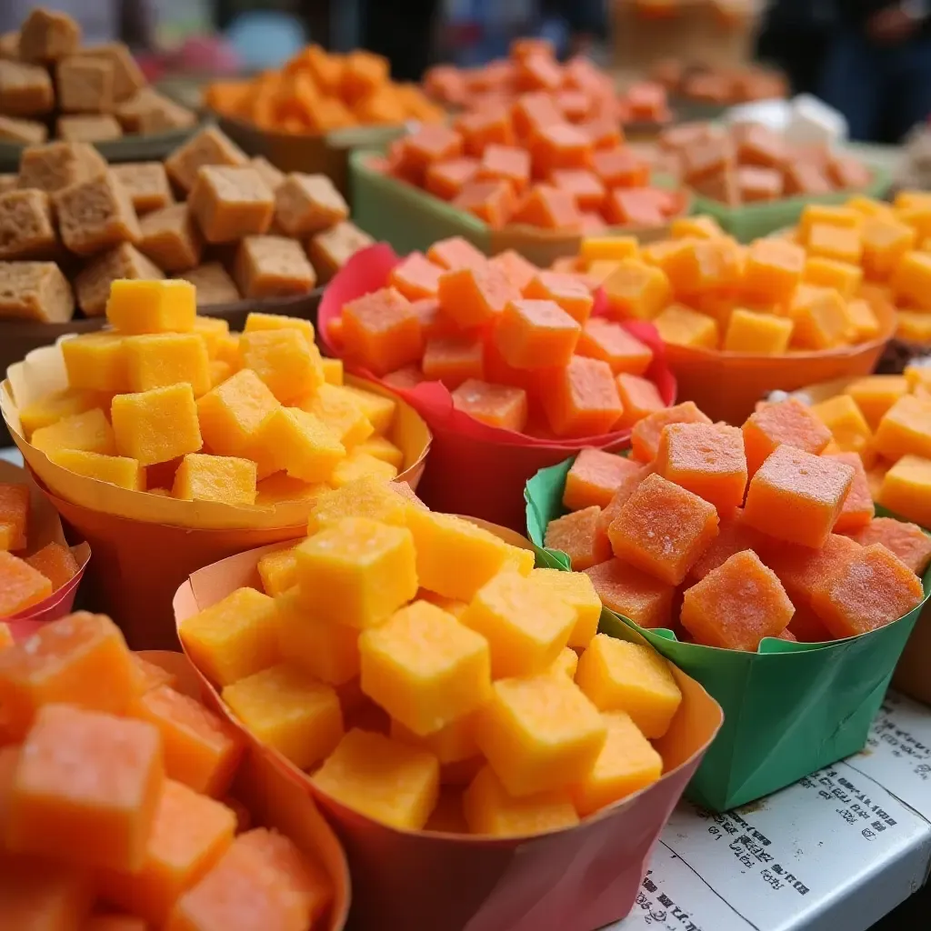 a photo of camotes, sweet potato candies wrapped in colorful paper, arranged in a traditional Mexican market stall.