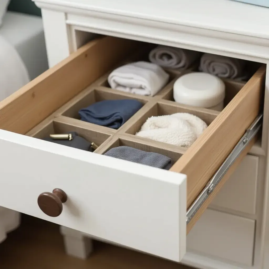 a photo of a nightstand organized with drawer dividers and accessories