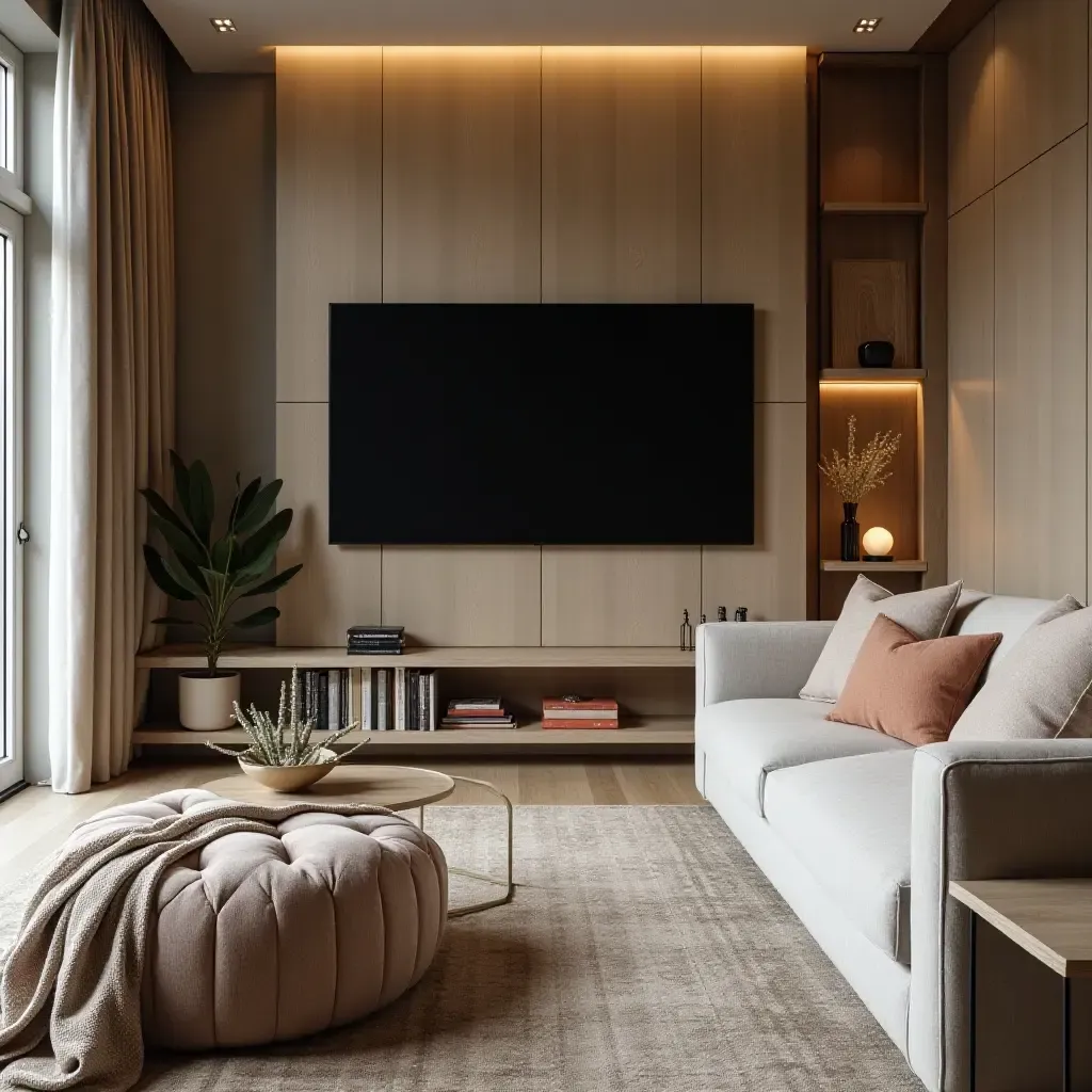 a photo of a cozy TV room with layered textiles