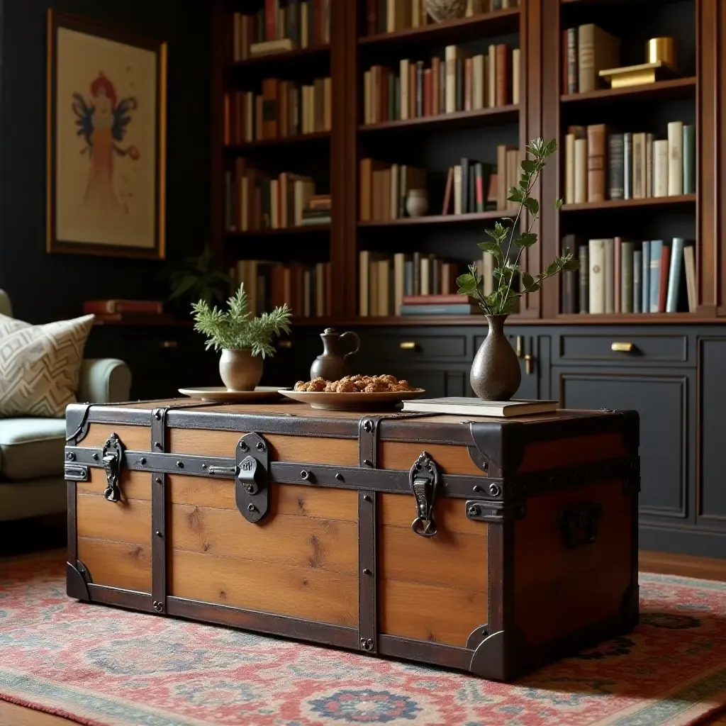 a photo of a home library with a vintage trunk used as a coffee table