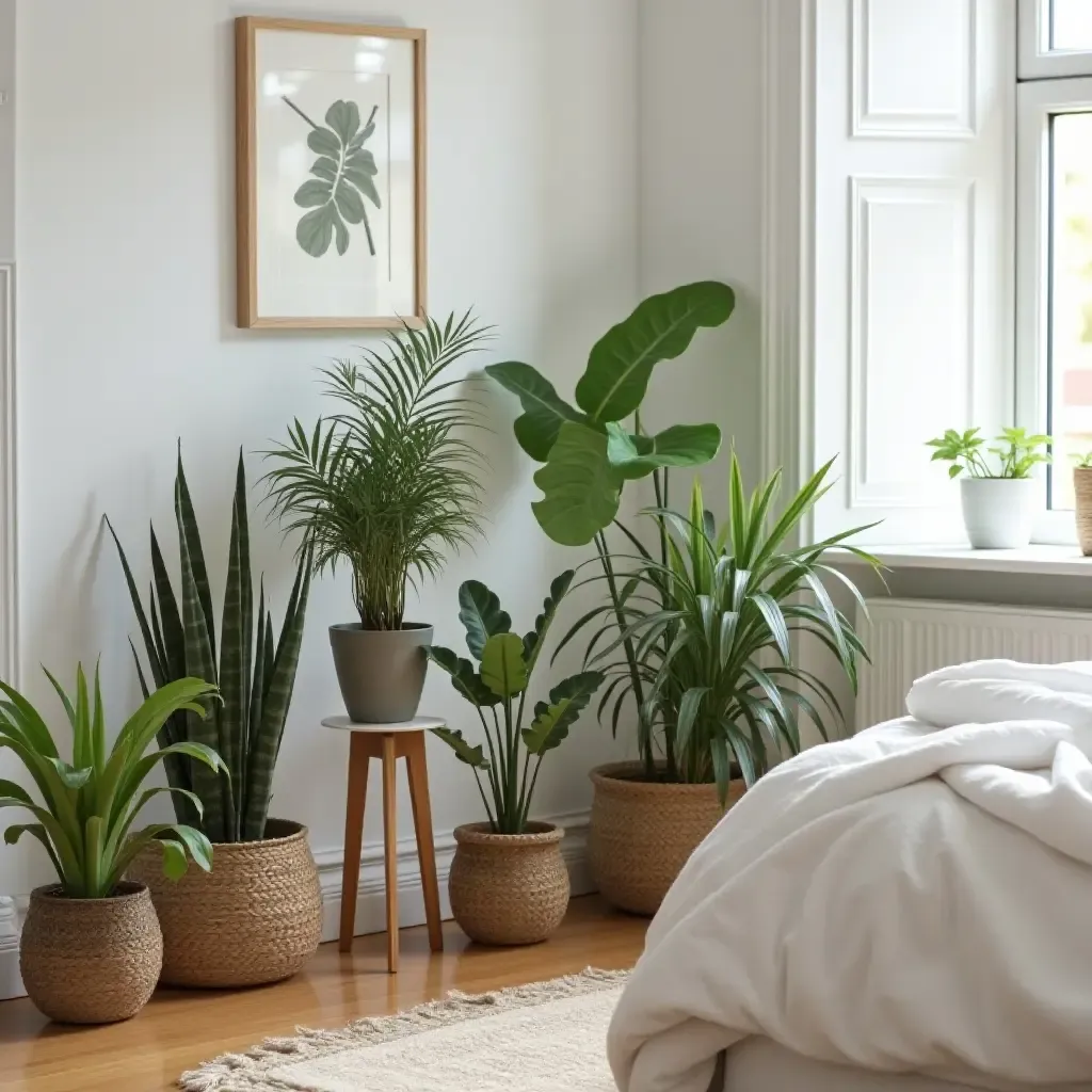 a photo of a bedroom with a stylish plant stand showcasing various species