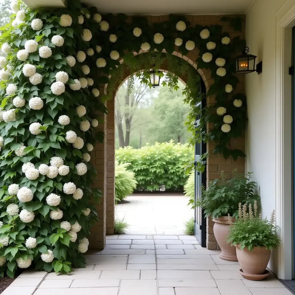 a photo of a charming cottage-style garden wall with climbing hydrangeas in a foyer