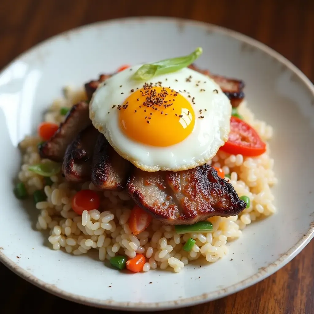 a photo of Com Tam, broken rice with grilled pork, egg, and pickled vegetables, beautifully plated.