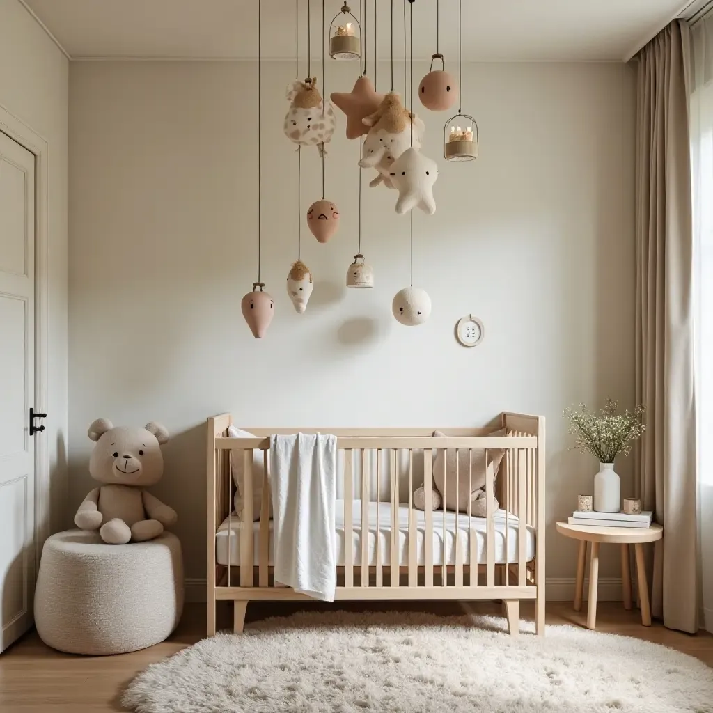 a photo of a small nursery with a whimsical ceiling mobile