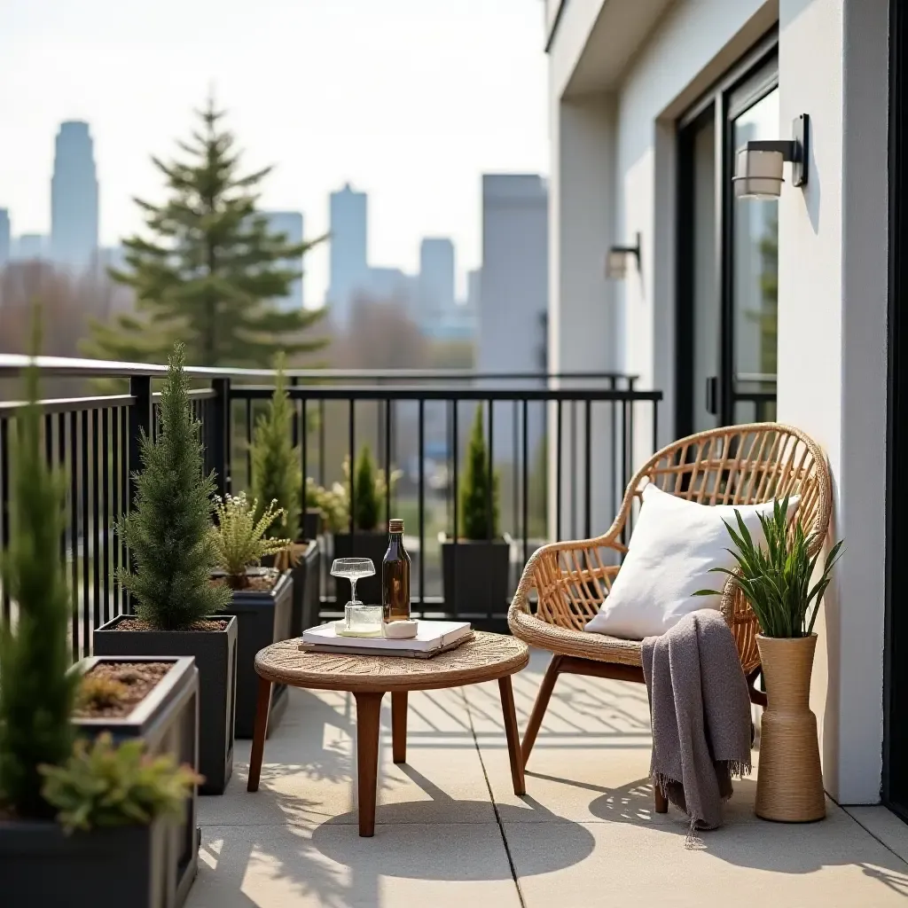 a photo of a stylish balcony combining metal railings, wooden planters, and fabric throws