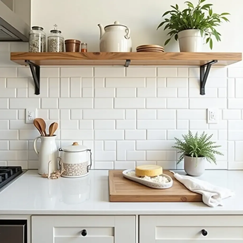 a photo of a kitchen with a farmhouse-inspired backsplash and wooden shelves