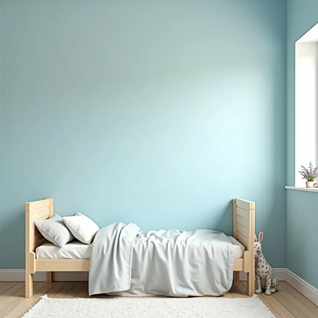 a photo of a tranquil children&#x27;s room with a single bed and calming blue walls