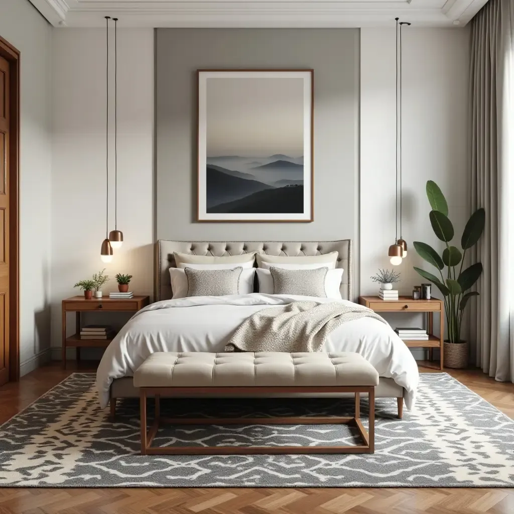 a photo of a cozy bedroom with a mix of patterned rugs and sleek furniture