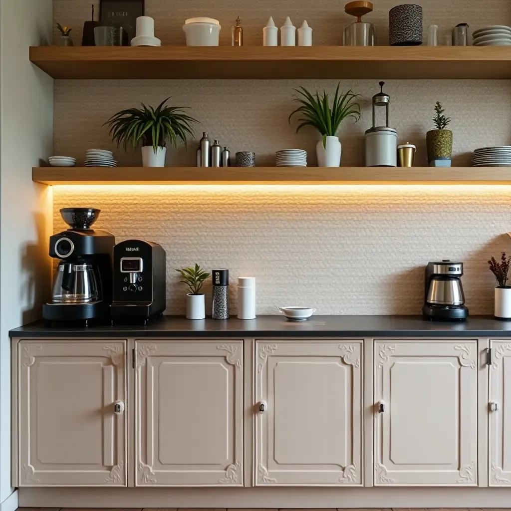 a photo of a coffee station with a beautiful backsplash and decorative tiles