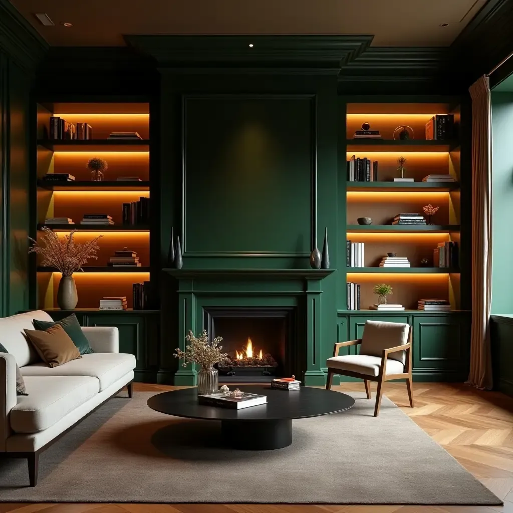 a photo of a chic living room with dark green bookshelves and burnt orange lighting