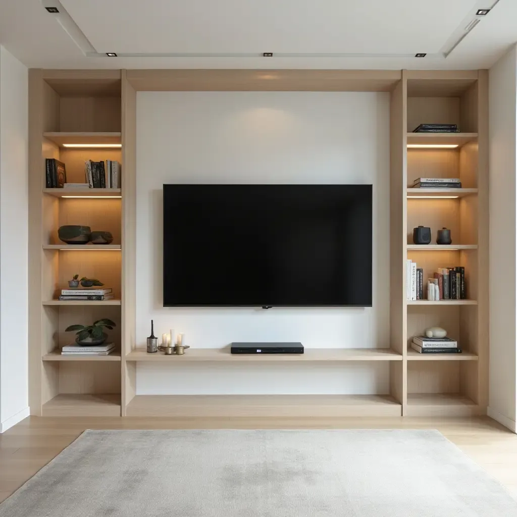 a photo of a minimalist TV room with built-in shelves