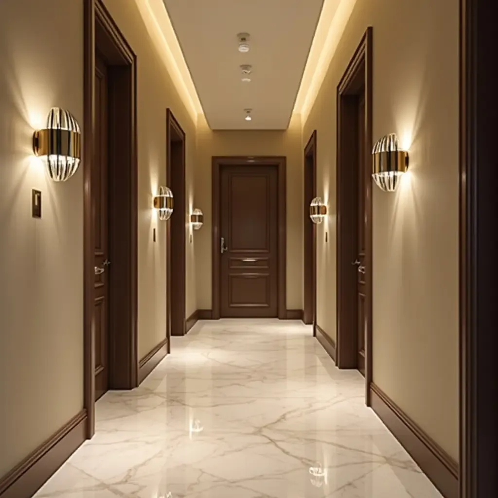 a photo of a corridor featuring metallic wall sconces and elegant flooring