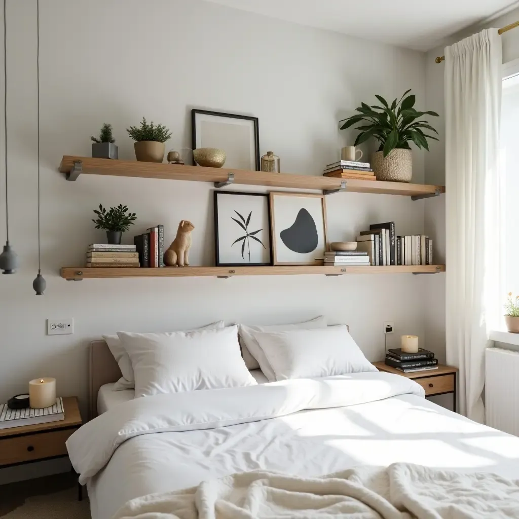 a photo of a floating shelf display behind a bed with books and decor in a stylish bedroom