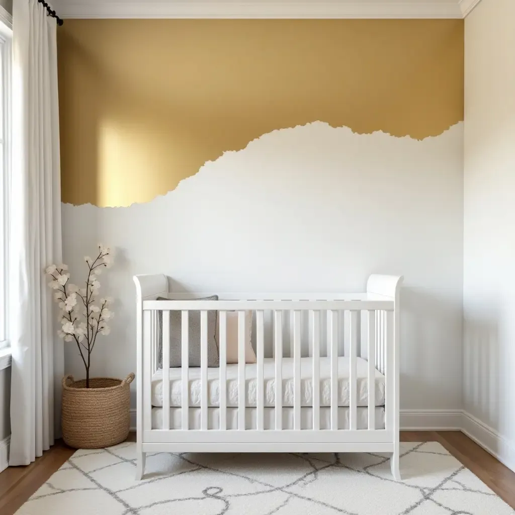 a photo of a nursery featuring a metallic gold accent wall