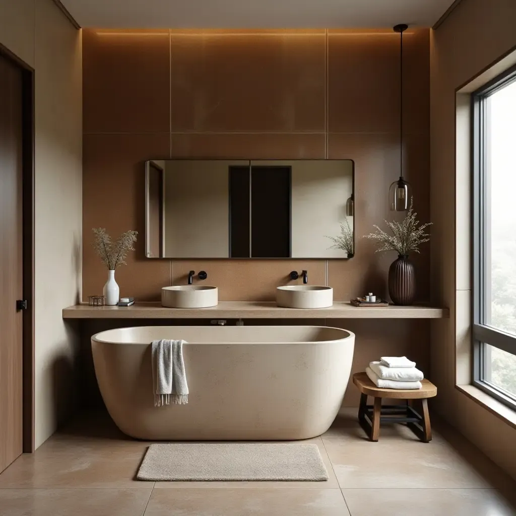 a photo of a bathroom featuring distressed leather accents