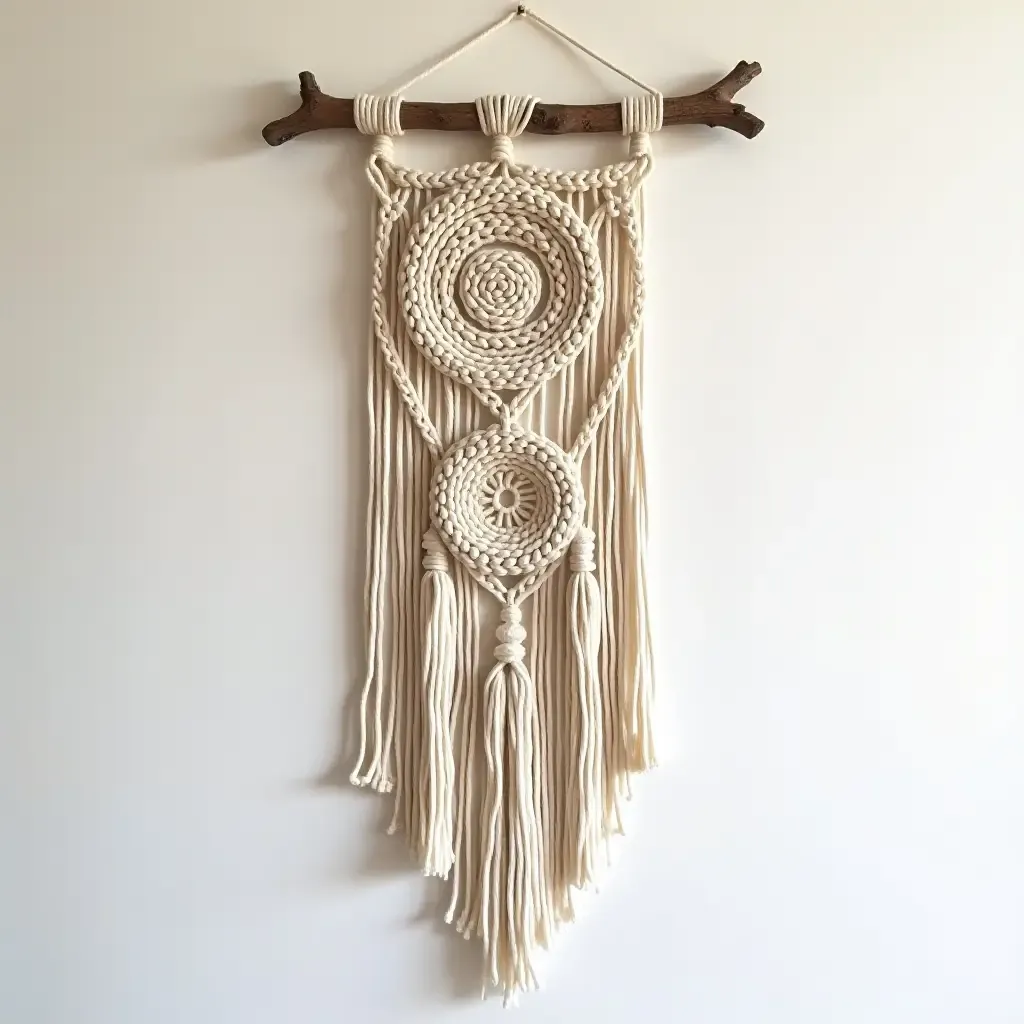 a photo of a macrame wall hanging with modern geometric shapes