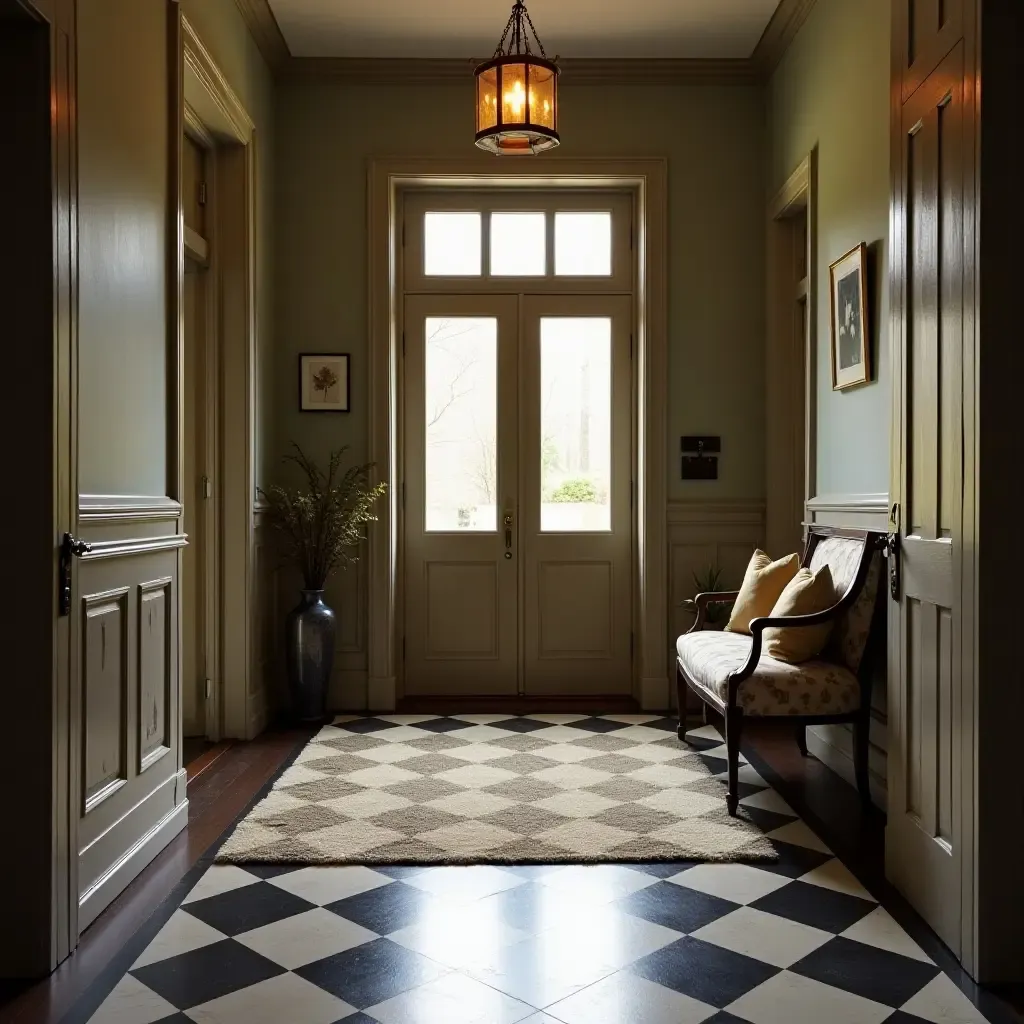 a photo of a classic checkerboard rug in a vintage-style entrance