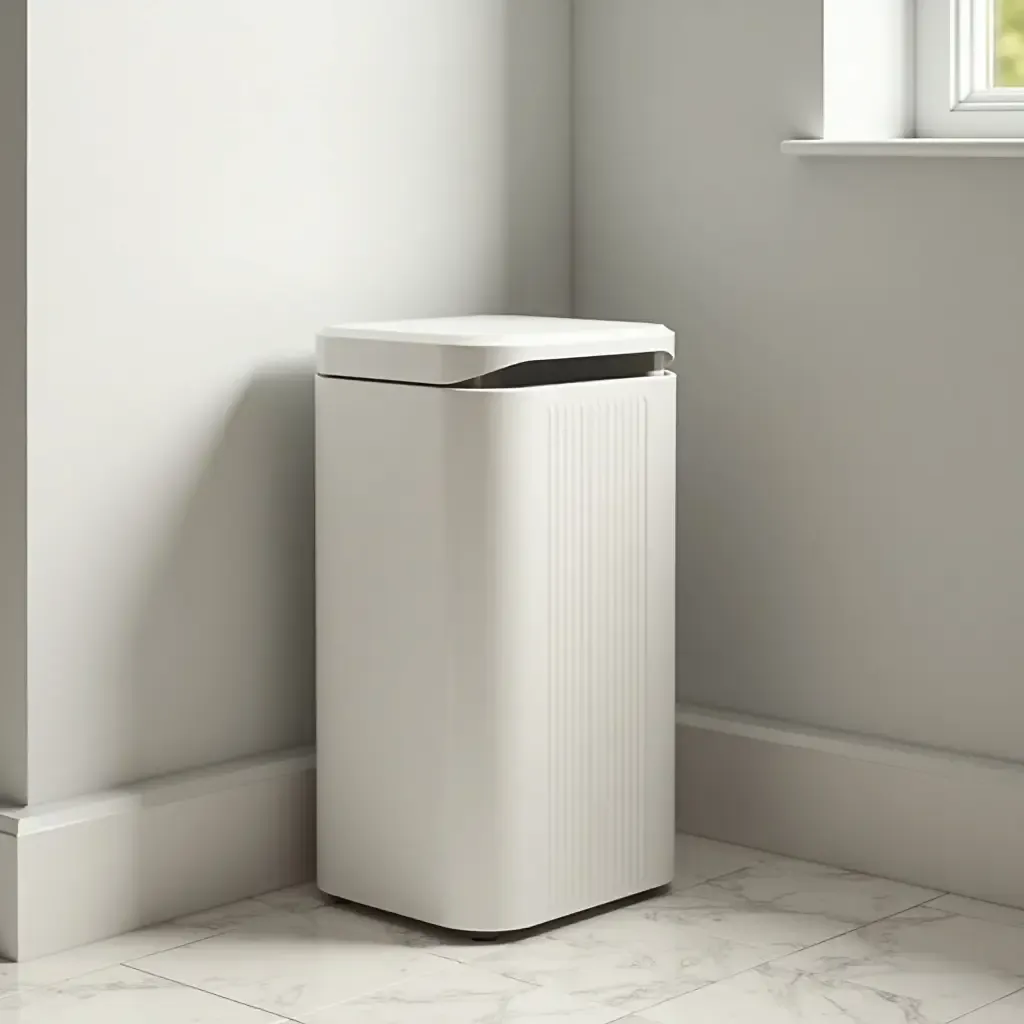 a photo of a bathroom with a chic wastebasket for trash