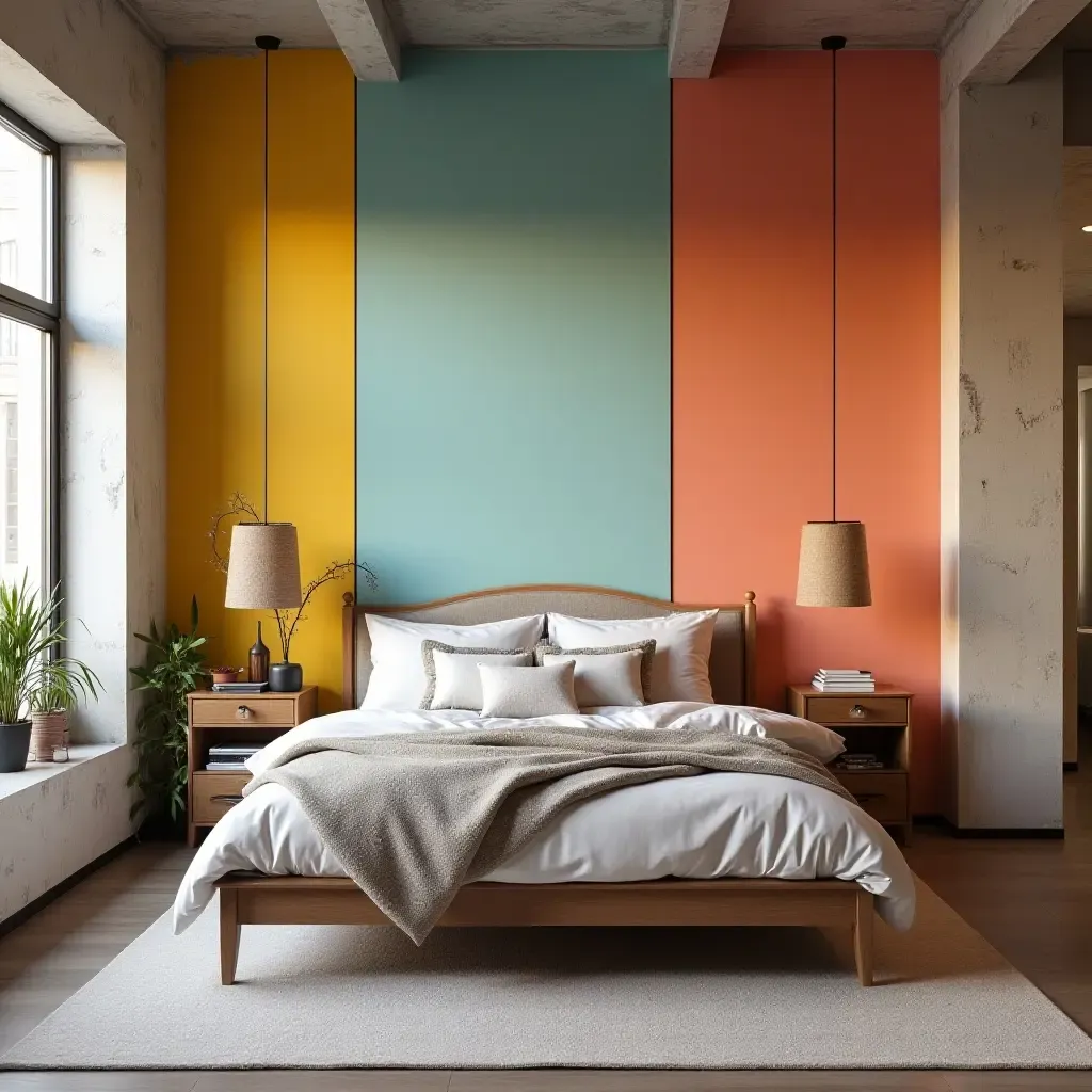 a photo of a bright, colorful accent wall in an industrial-style bedroom