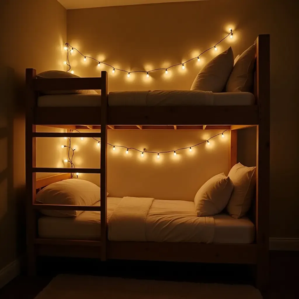 a photo of a bunk bed with fairy lights and soft textiles