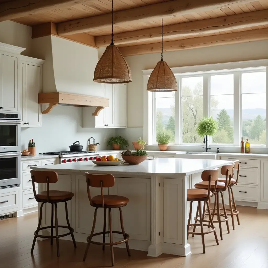 a photo of a kitchen with a Mediterranean-inspired island and bar stools