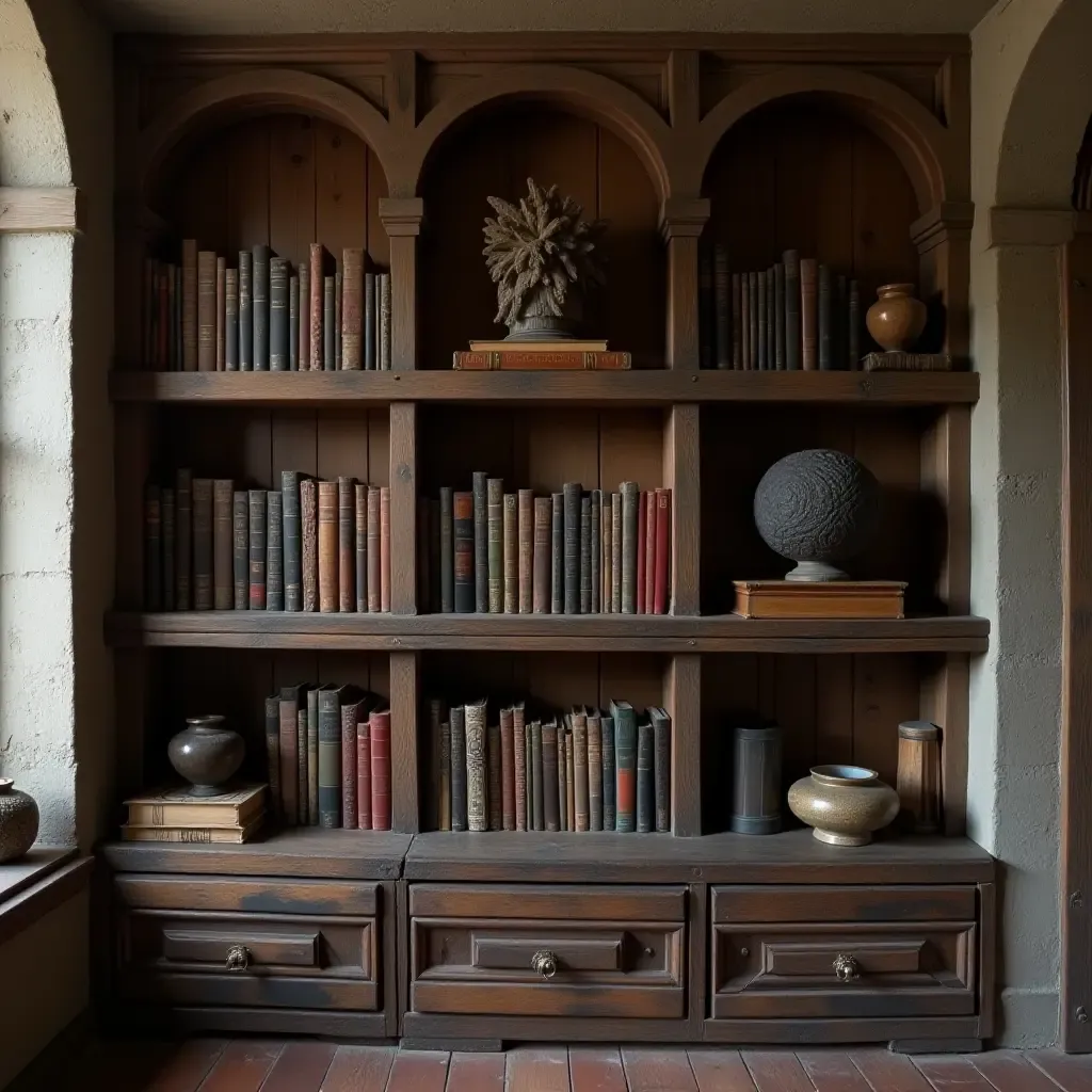 a photo of a wall-mounted shelf displaying mystical books and artifacts