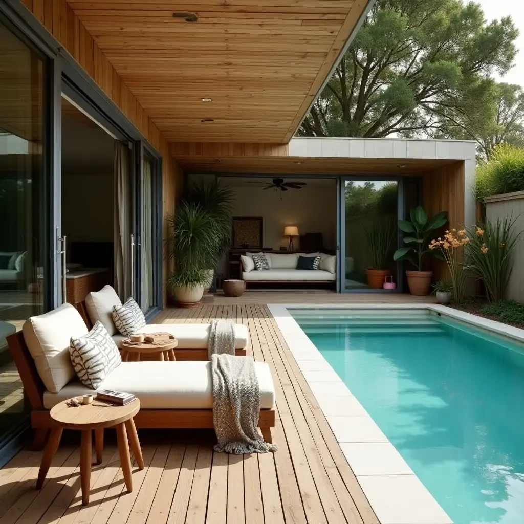 a photo of a cozy poolside nook featuring soft textiles and a wooden deck