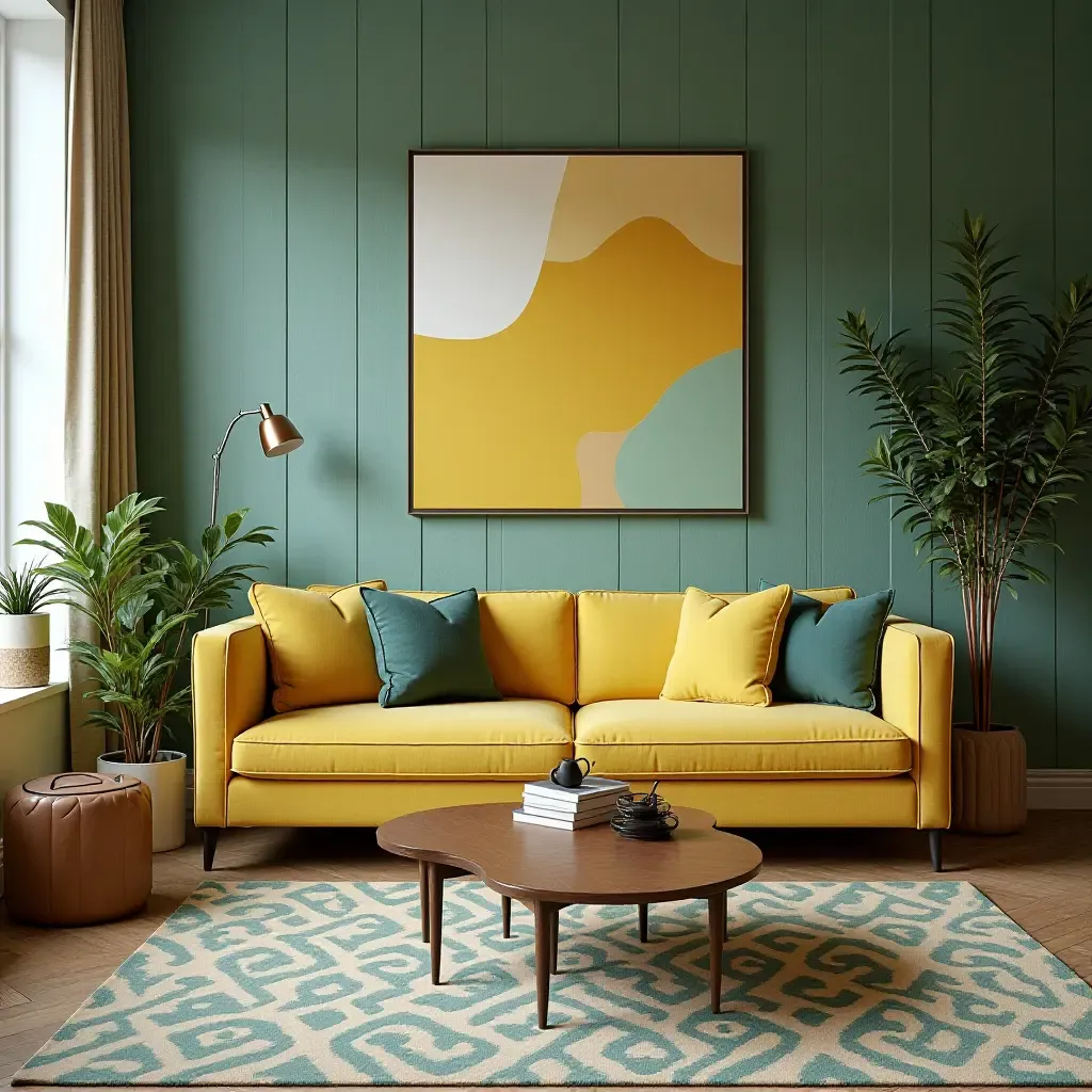 a photo of a retro living room with mustard and teal patterns